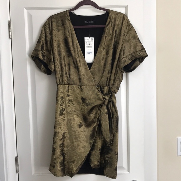 Zara Dresses & Skirts - New Zara Gold Wrap Dress L